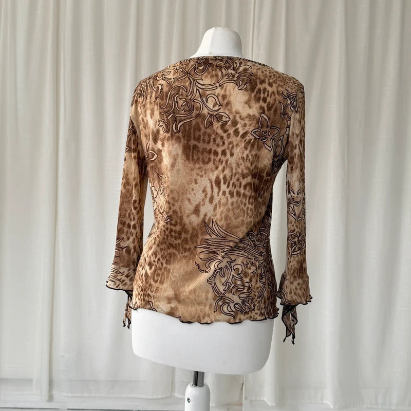 2000s Leopard Print Bell Sleeve Mesh Top