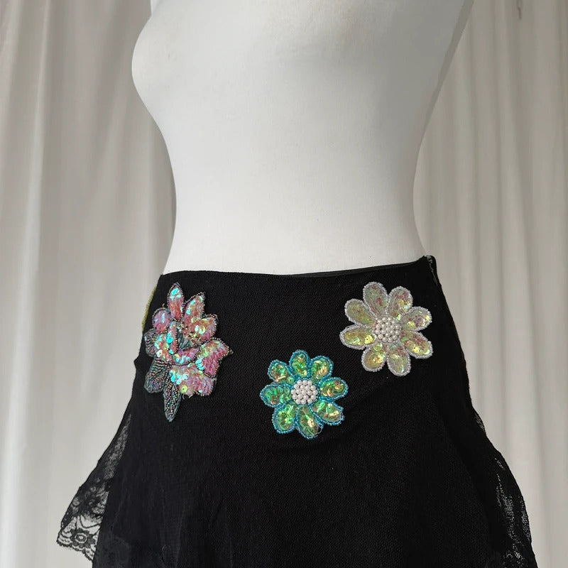 2000s Black Embroidered Lace Sequin Mini Skirt