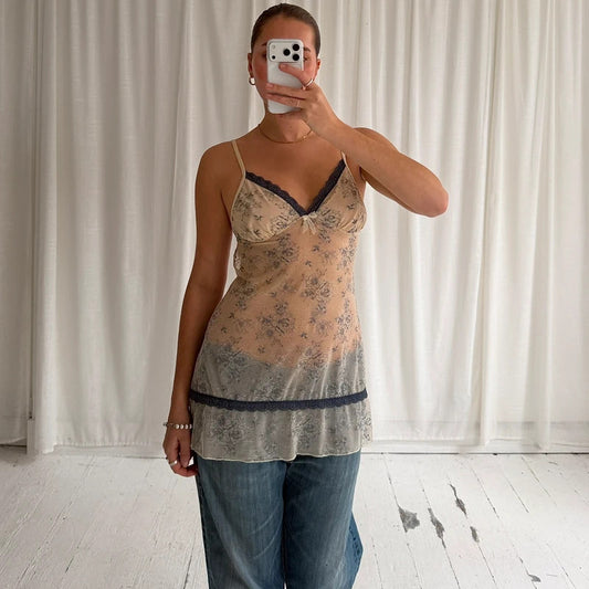 2000s Floral Mesh Babydoll Cami Dress