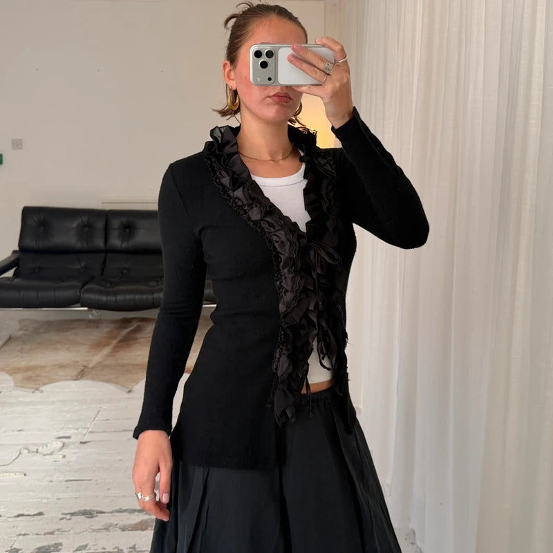 Black Wool Angora Lace Trim Tie Cardigan