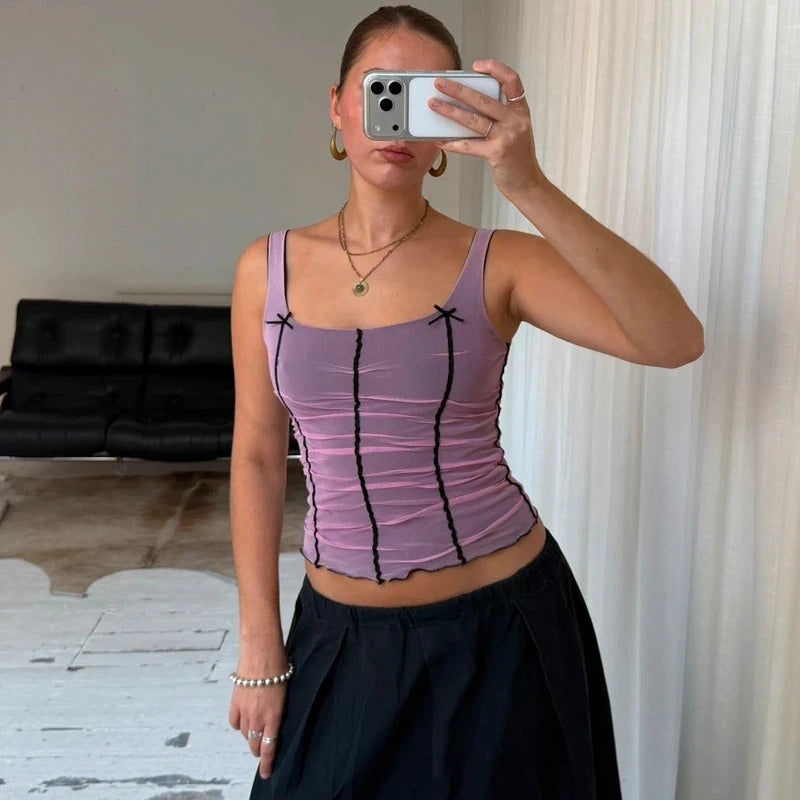 2000s Pink Ruched Mesh Corset Top