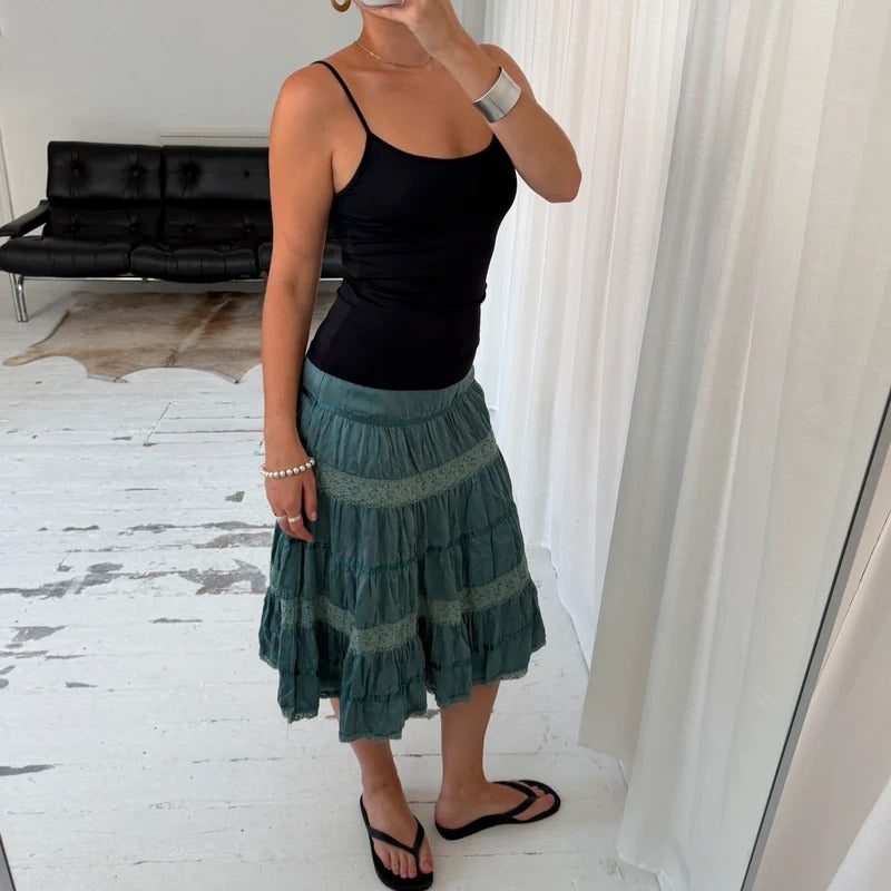 Blue Silk Lace Tiered Midi Skirt