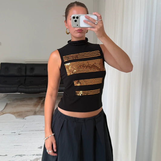2000's Gold Sequin High Neck Top