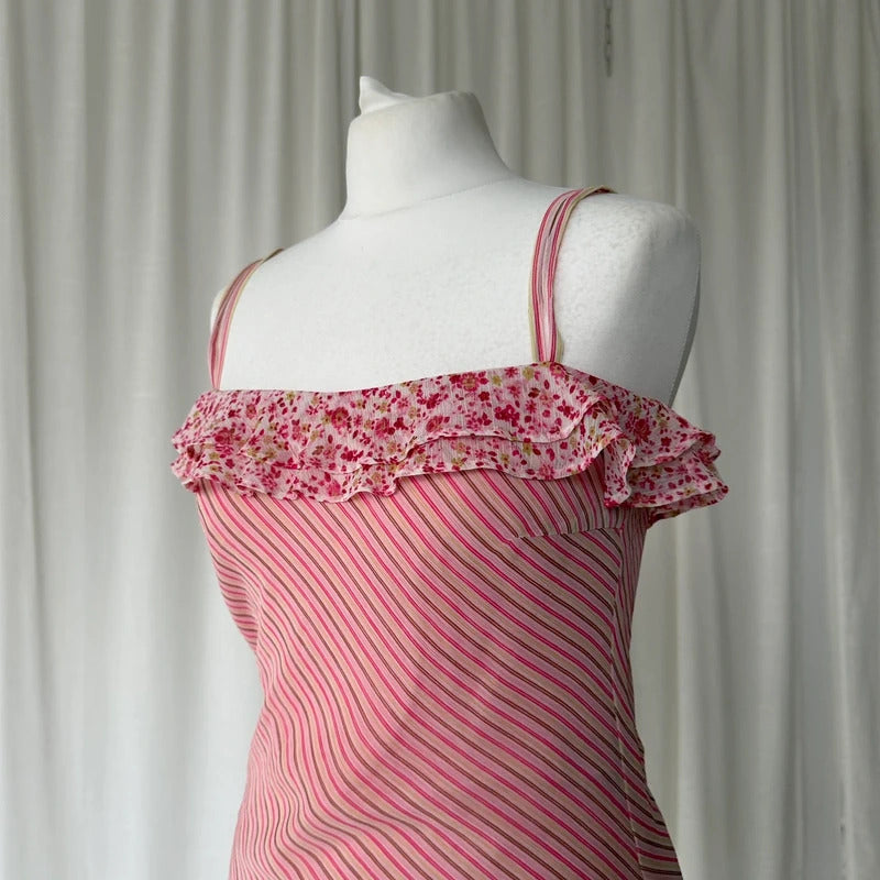 2000s Pink Stripe Layered Mesh Cami Top