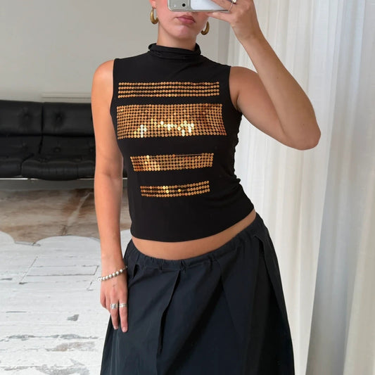 2000's Gold Sequin High Neck Top