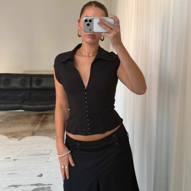 2000s Black Hook & Eye Corset Shirt