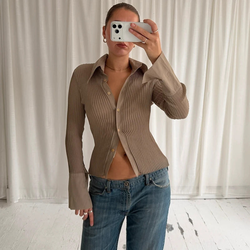 Italian Vintage Khaki Beige Pleated Shirt
