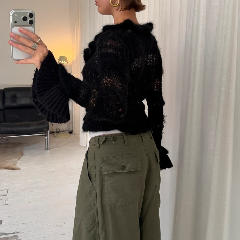 Black Angora Wool Crochet Knit Tie Cardigan