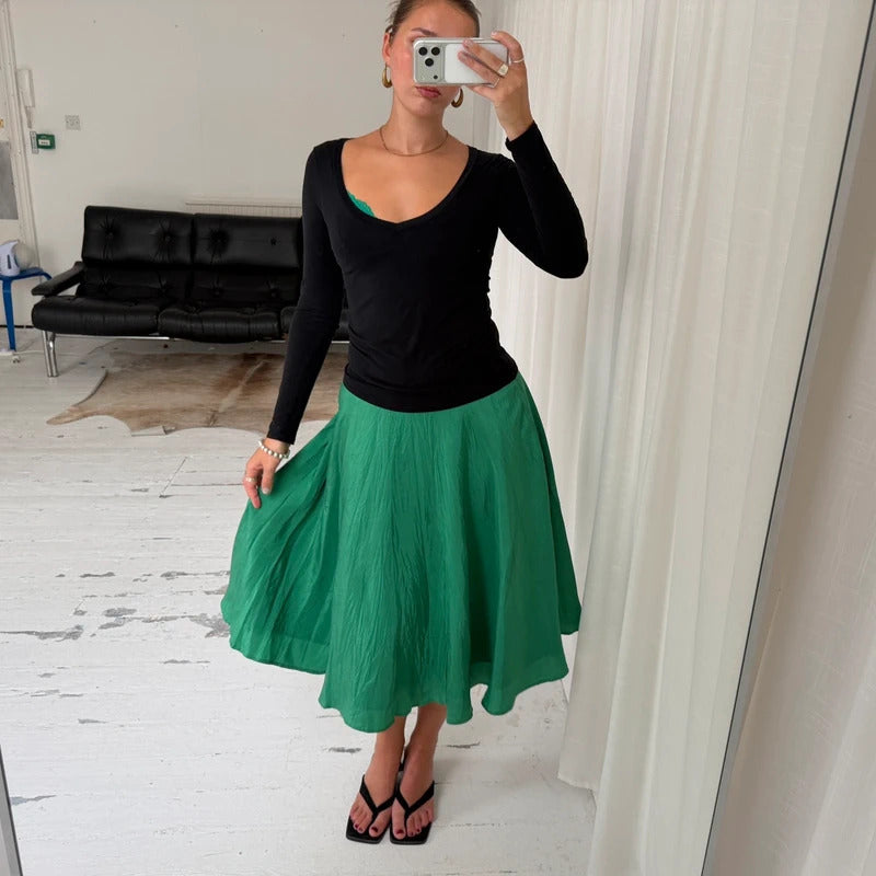 Green Silk Midi Skirt