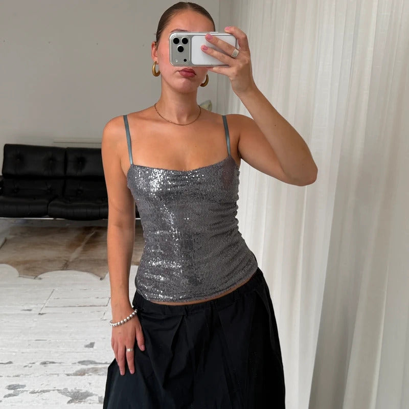 Silver Sequin Corset Cami Top