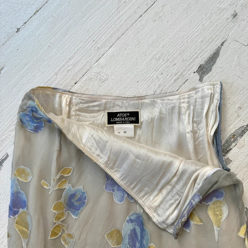 Italian Vintage Silk Devoré Floral Midi Skirt