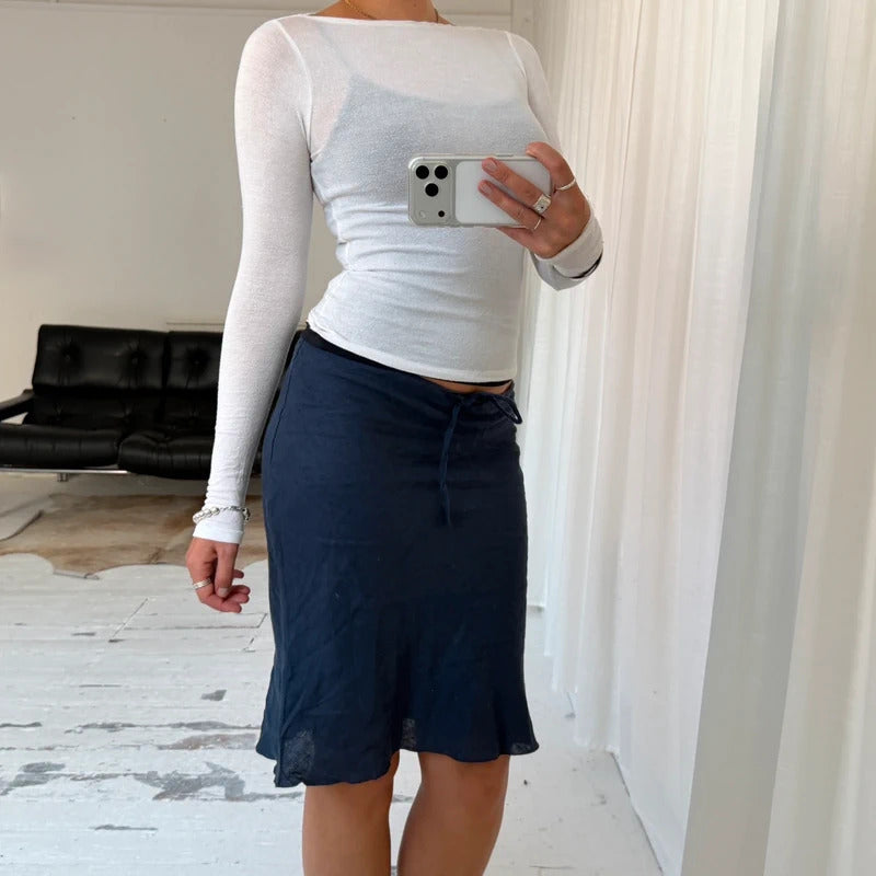 Navy Linen Midi Skirt