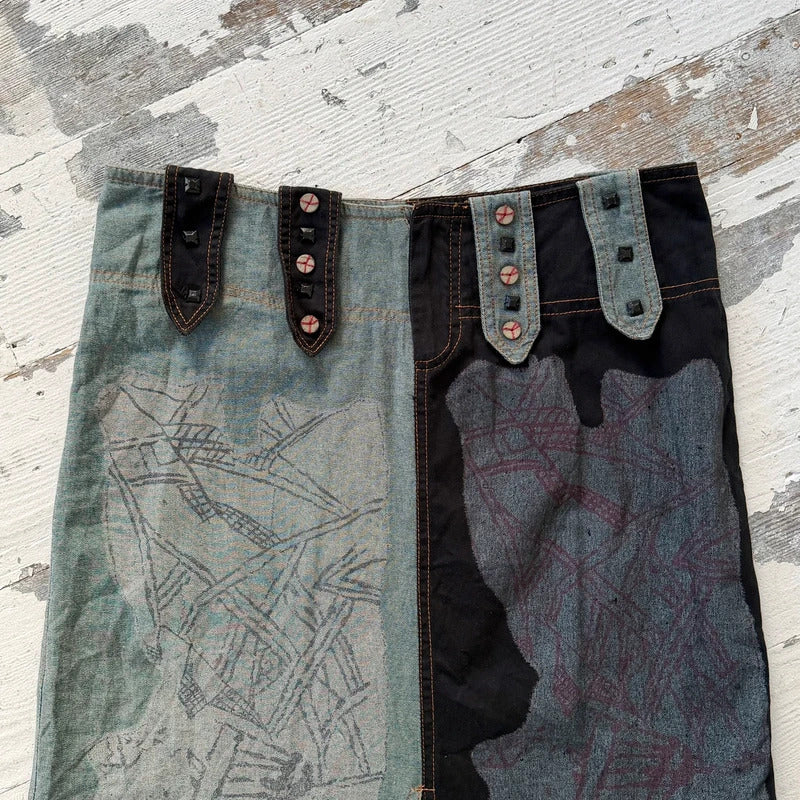 00s Graphic Patchwork Denim Maxi Skirt