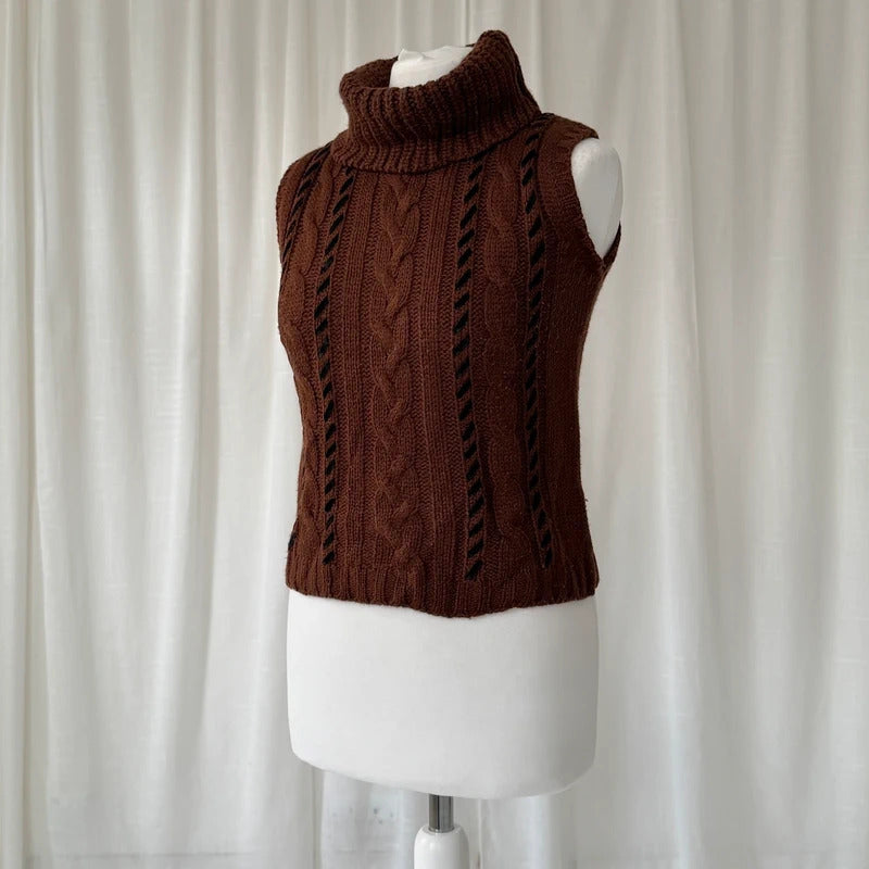 Brown Wool Cable Knit Roll Neck Vest
