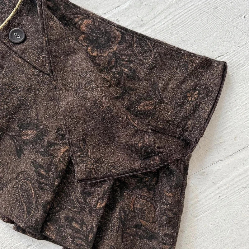 Brown Floral Jacquard Pleated Mini Skirt