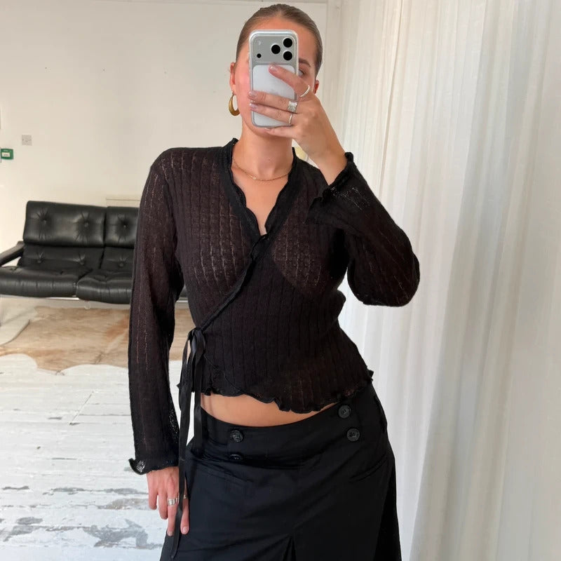 Italian Vintage Pointelle Knit Wrap Top