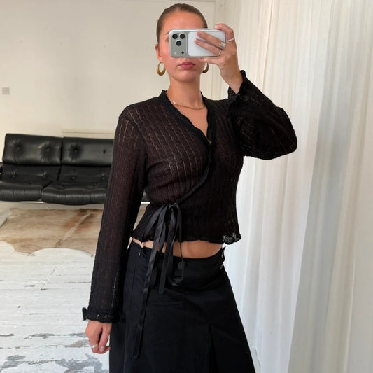 Italian Vintage Pointelle Knit Wrap Top