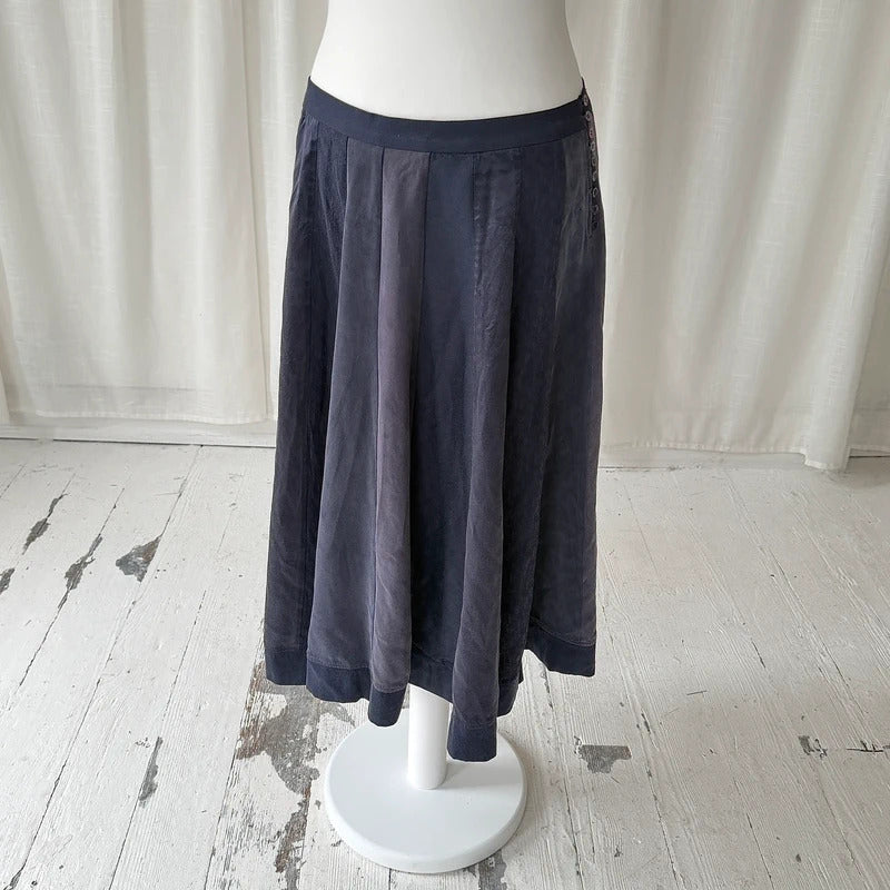 Navy Pure Silk Pleated Midi Skirt