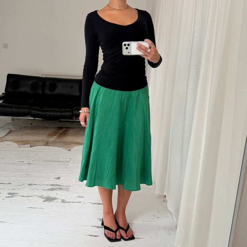 Green Silk Midi Skirt