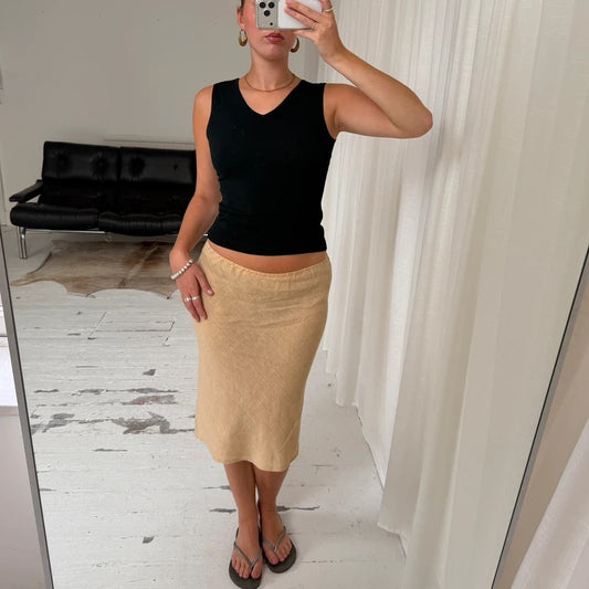 1990s Minimal Natural Linen Midi Skirt
