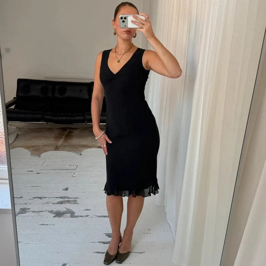 90s Pure Silk Black Midi Dress