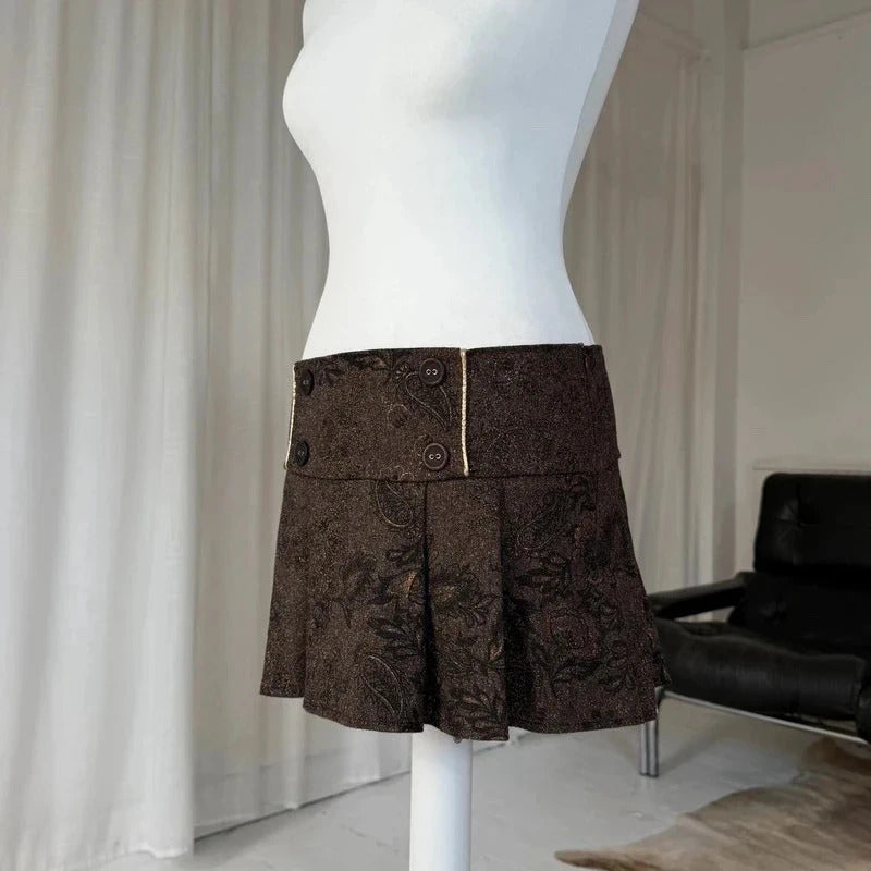 Brown Floral Jacquard Pleated Mini Skirt
