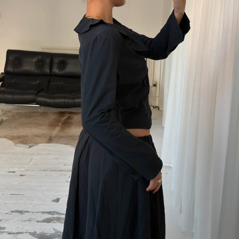 Charcoal Grey Ruffle Collar Tie Front Blouse