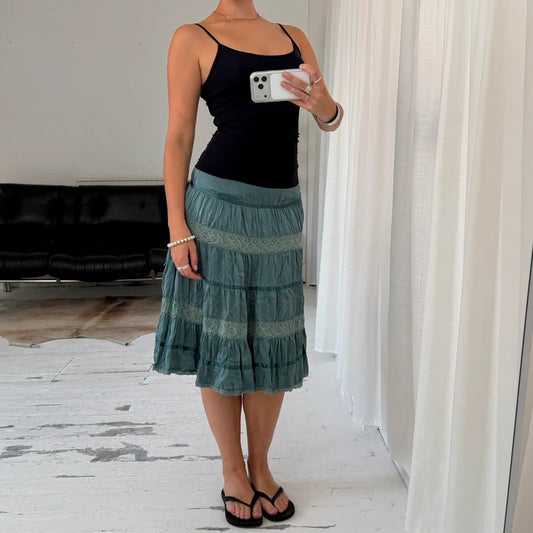 Blue Silk Lace Tiered Midi Skirt