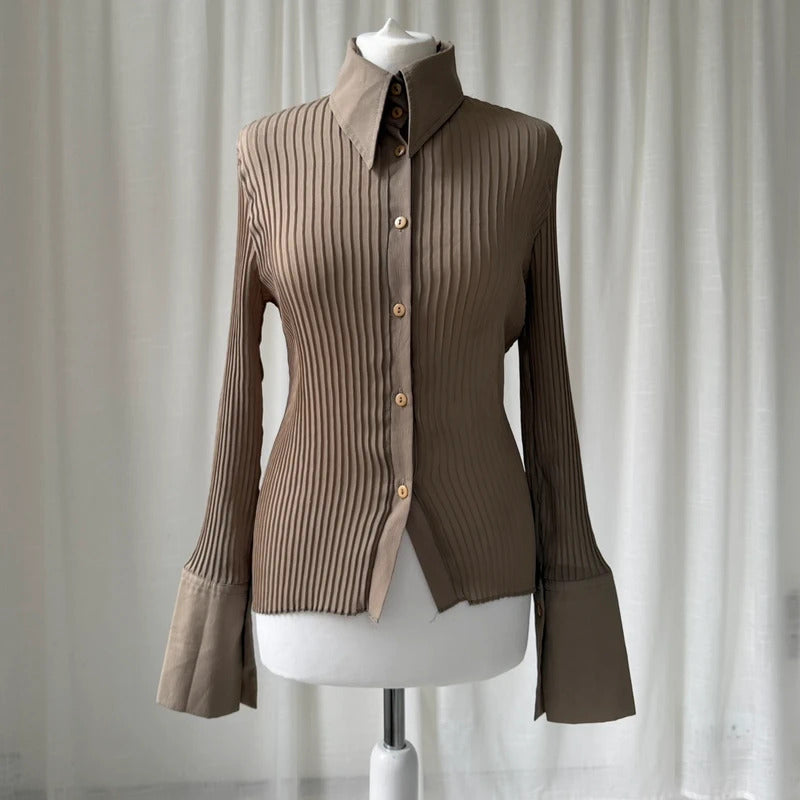 Italian Vintage Khaki Beige Pleated Shirt