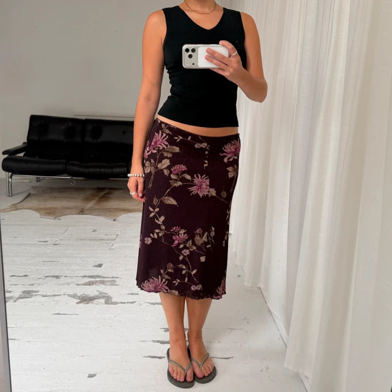 Purple Floral Mesh Midi Skirt