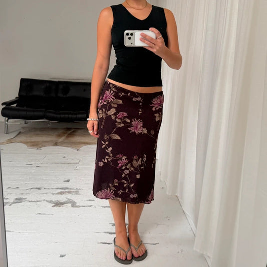 Purple Floral Mesh Midi Skirt