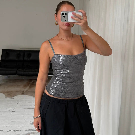 Silver Sequin Corset Cami Top
