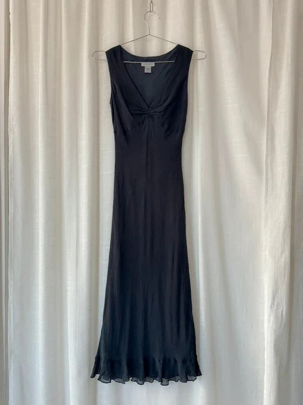90s Pure Silk Black Midi Dress