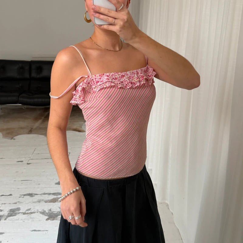 2000s Pink Stripe Layered Mesh Cami Top