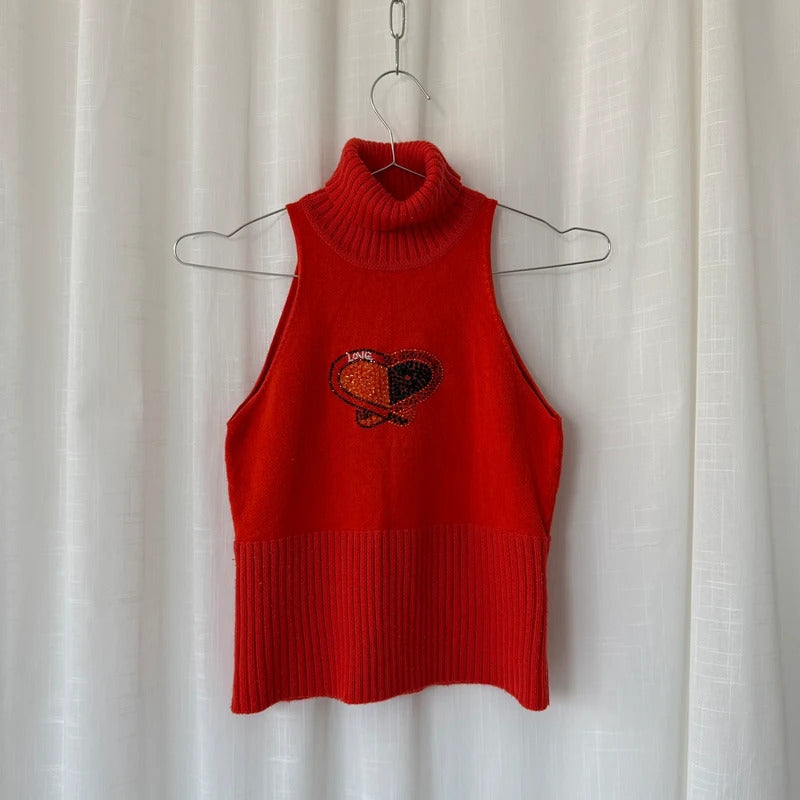 Orange Sleeveless Roll Neck Knit Top
