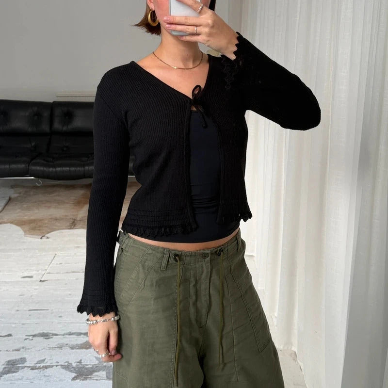 Black Ribbed Tie Cardigan